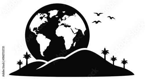Silhouette of earth with birds flying over a tropical landscape