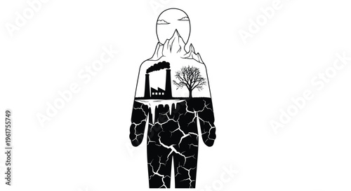 A human silhouette filled with landscape imagery depicting environmental impact