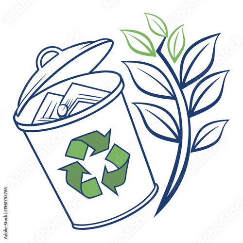 A trash can with a recycling symbol and a green plant growing out of it