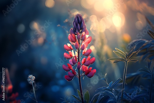 A lupine flower blooms radiantly with pink petals against a soft, bokehfilled garden backdrop
