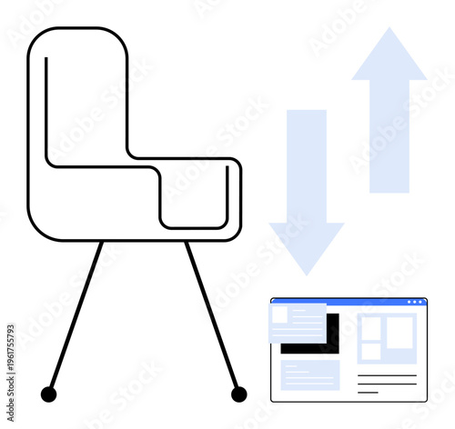 Office work, digital workflow, web navigation, user interface, technology connection, process design. Modern office chair next to a web page and arrows. Office work and digital workflow ion