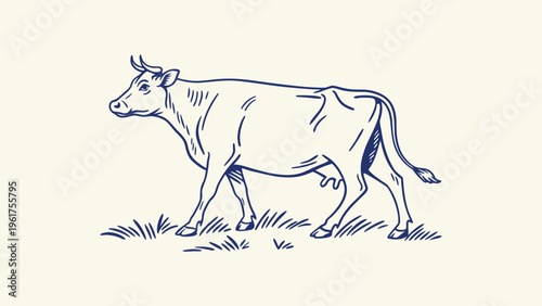 Minimalist Blue Line Art Cow Illustration - Hand Drawn Holstein Dairy Cow Vector with Spots and Udder