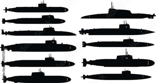 submarine silhouettes collection underwater vessels naval military fleet ocean transport maritime technology navy ships illustration vector design set