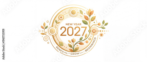 Elegant New Year 2027 design featuring flourishing botanicals and shimmering golden accents for a promising future