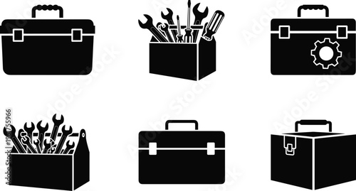 toolbox icons set, mechanic equipment silhouettes, repair tools collection, handyman kit illustration, construction toolbox vector, workshop equipment symbols, industrial tools