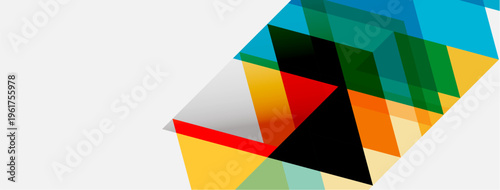 Abstract geometric shapes overlap, creating colorful layers. Bright hues contrast with white background. Modern design elements present.