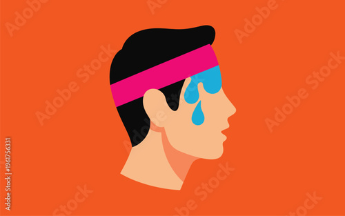 Mans head in profile showing sweat and a pink headband against a bright orange background
