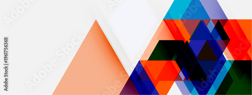 Abstract geometric shapes overlap, creating vibrant color blocks. Orange triangle contrasts with blue, black, white areas. Modern design.
