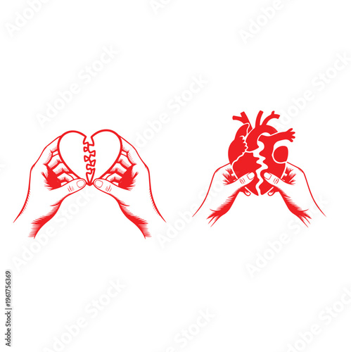 Hands mending a broken heart and anatomical heart vector illustration for heartbreak and emotional healing concept