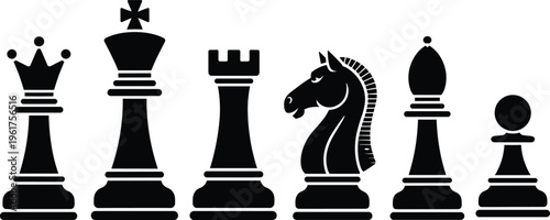 Chess piece silhouette illustration featuring king, queen, rook, knight, bishop, and pawn, symbolizing strategy, competition, and board game design projectsChess piece silhouette illustration featurin
