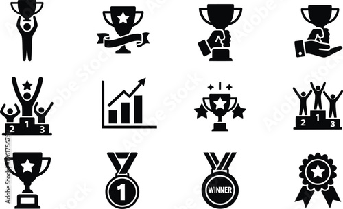 Collection of various trophy and award icons in black and white