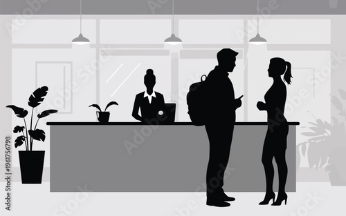 Monochrome illustration of people interacting at an office reception counter with a dedicated attendant