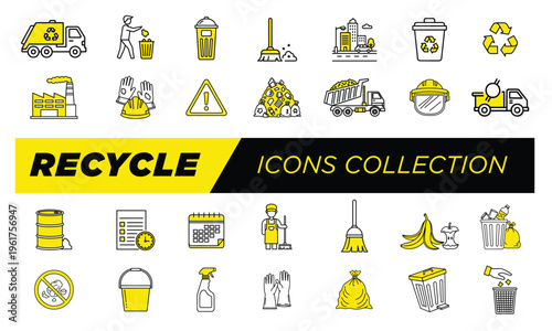 A comprehensive collection of modern line art icons illustrating recycling, waste management, and environmental cleanup processes. Icon set vector.