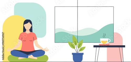 Serene illustration of a woman meditating in a calm home environment, promoting mindfulness and inner peace for a balanced lifestyle