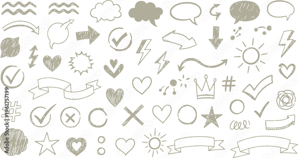 Fototapeta premium Eclectic collection of hand-drawn doodles: arrows, check marks, hearts, suns, speech bubbles, ribbons, and lightning bolts, check mark