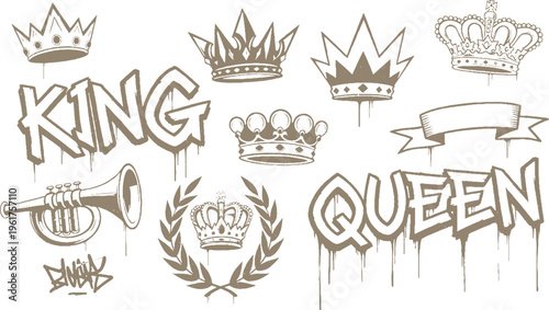 Graffiti style king and queen text with crowns, laurel wreath, and trumpet, urban art elements with drip effect, spray paint
