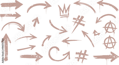 Set of distressed arrows, crown, hashtag symbols, and anarchy signs with graffiti drip effect in rose gold on white background, hand drawn