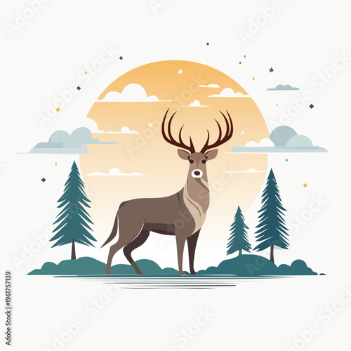 Majestic Stag in a Serene Forest Landscape Under a Golden Sun