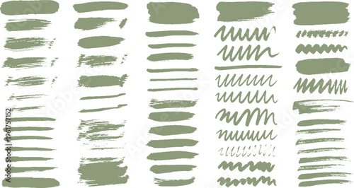 Collection of diverse thick and thin brush strokes, lines, and wavy marks in olive green on white background, abstract textured graphic elements, brush stroke