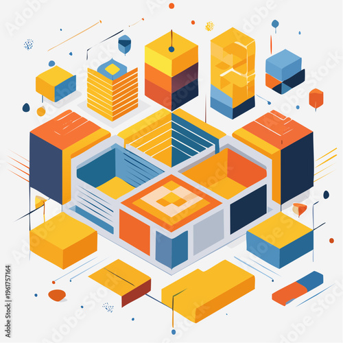 Dynamic isometric illustration of interconnected digital data blocks, representing technology infrastructure and information organization concepts