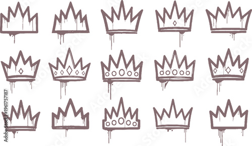 Collection of hand drawn graffiti crown illustrations with paint drip effects for urban art, hip hop graphics, and street style design elements, crown illustration