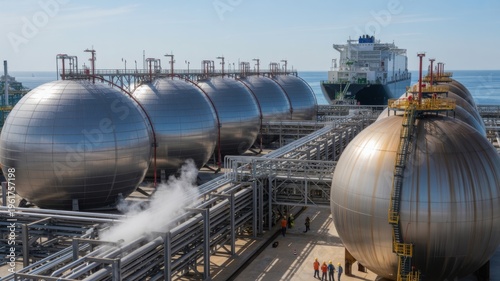 A large industrial facility with spherical storage tanks by the ocean