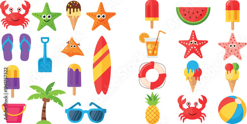 Collection of summer beach vector icons including crab starfish ice cream surfboard sunglasses pineapple and tropical holiday elements set