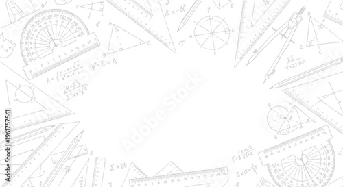 Geometric and architectural drawing tools frame on a white background with copy space, featuring faded rulers, protractors, and compasses, drafting tools