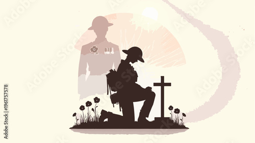 Remembrance Day Soldier Silhouette with Poppies, Memorial Day