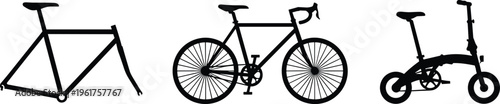 Black bicycle silhouettes including road bike, folding bike, and frame design, vector illustration symbolizing cycling, transport, and fitness