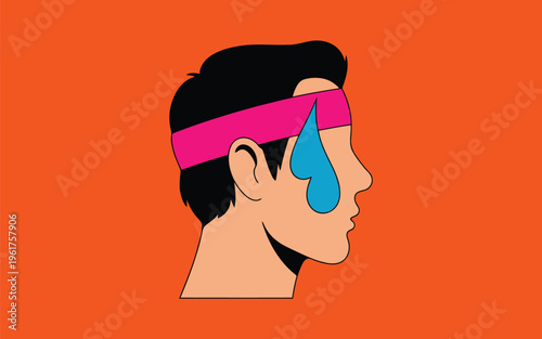 Side view of a mans head with sweat and a bright pink headband on an orange canvas