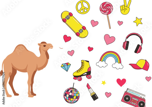 Flat vector illustration of a camel with retro pop culture icons including skateboard roller skates boombox rainbow hearts and disco ball set.