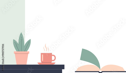 Flat illustration of a tranquil home scene with a steaming beverage, potted plant, and open book, symbolizing a relaxed lifestyle and the quiet joy of reading