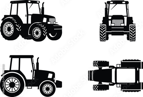 Black tractor silhouettes in multiple perspectives including side, front, and top view, farming vehicle vector illustration for agriculture design