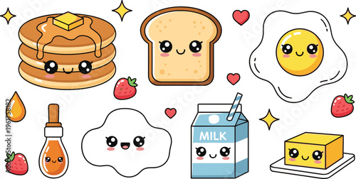 Cute breakfast cartoon set with pancakes toast fried egg milk butter syrup and kawaii food characters isolated on white background