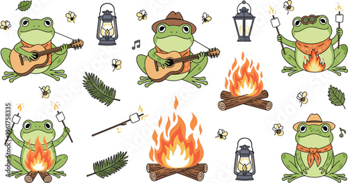 Cute camping frog cartoon set with campfire guitar marshmallow roasting lantern and forest elements in fun outdoor adventure style isolated on white background