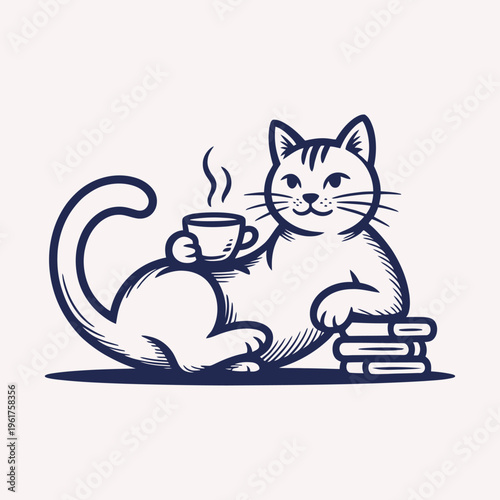 Cute cat drinking coffee relaxing with books minimalist line art vector illustration. Perfect for lifestyle branding coffee theme designs and cozy aesthetic vector projects