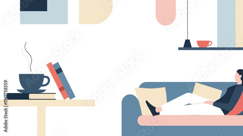 Relaxed individual enjoying leisure time with a book and hot beverage in a cozy, modern home setting, embodying peaceful daily living and personal comfort