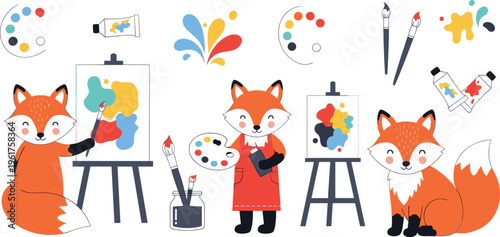 Cute fox artist cartoon set with painting easel brushes palette and creative art characters colorful playful style isolated on white background