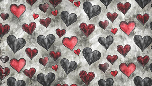 Romantic seamless background filled with various red hand-drawn hearts background 