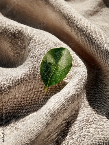 A close-up of the texture of linen organic fabric, with a single green leaf elegantly placed on the fabric, a minimalist composition that embodies sustainable fashion and the concept of a slow life.