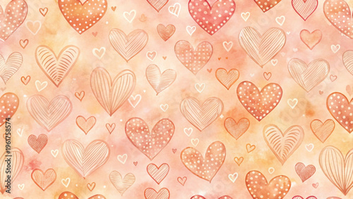 Romantic seamless background filled with various red hand-drawn hearts background 