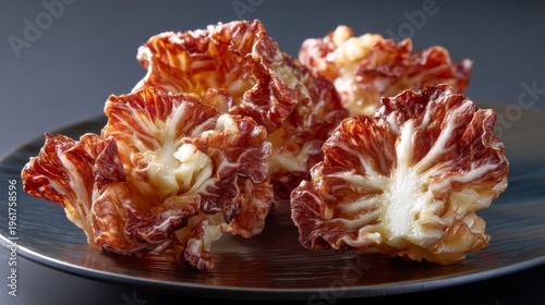 Vibrant Red and White Cabbage Leaves on a Dark Plate Showcasing Unique Texture and Organic Beauty in a Gourmet Setting