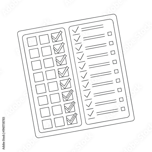 A black and white line art illustration of a detailed planner page with various task checkboxes