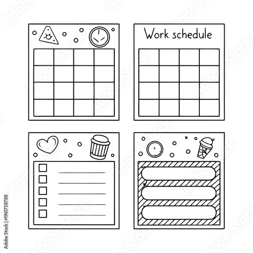 A collection of four hand drawn planner templates and organizers for daily scheduling and tracking