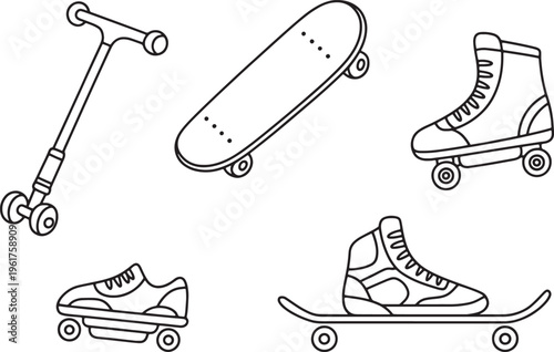 Skateboard and kick scooter with roller skate shoes hand drawn vector illustration clipart set icon