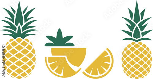 Pineapple fruit graphics showing whole exotic fruit and sliced pieces with green leaves on background. Vector illustration