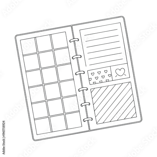 A black and white line art illustration of an open ring binder planner with various page layouts