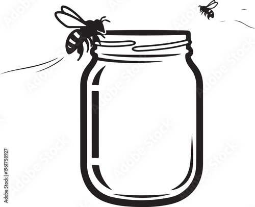 Black and white bee, mason jar, insect illustration, vector graphic