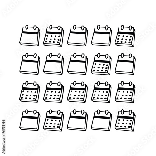 A collection of twenty simple calendar icons arranged in a grid pattern on a plain white background